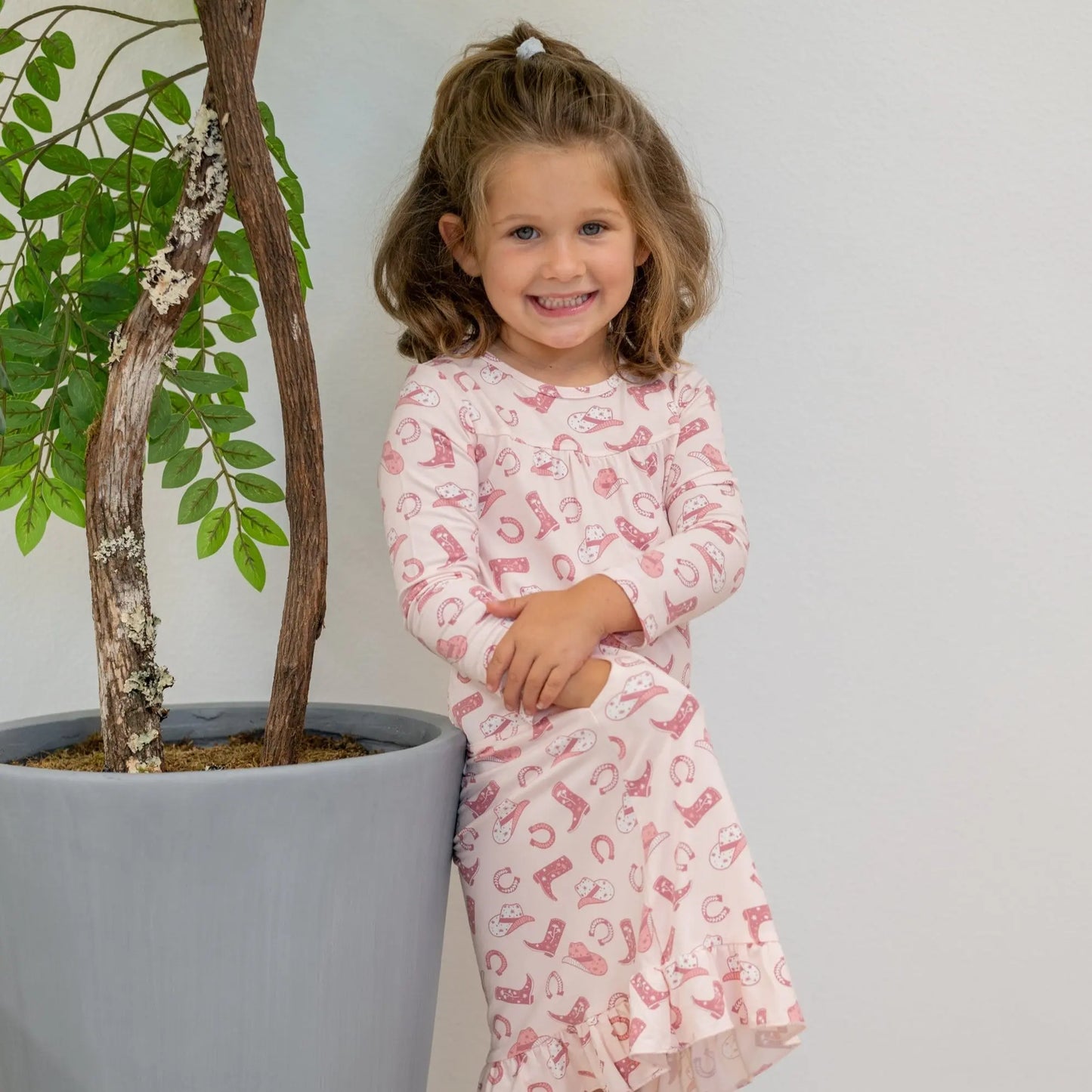 Pink Western Boots Pocket Dress for Little Girls with Ruffles and Long Sleeves Sweet Bamboo