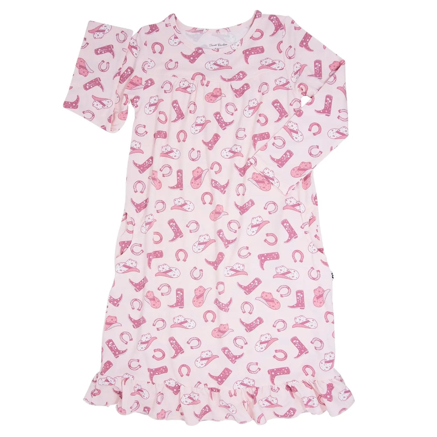 Pink Western Boots Pocket Dress for Little Girls with Ruffles and Long Sleeves Sweet Bamboo