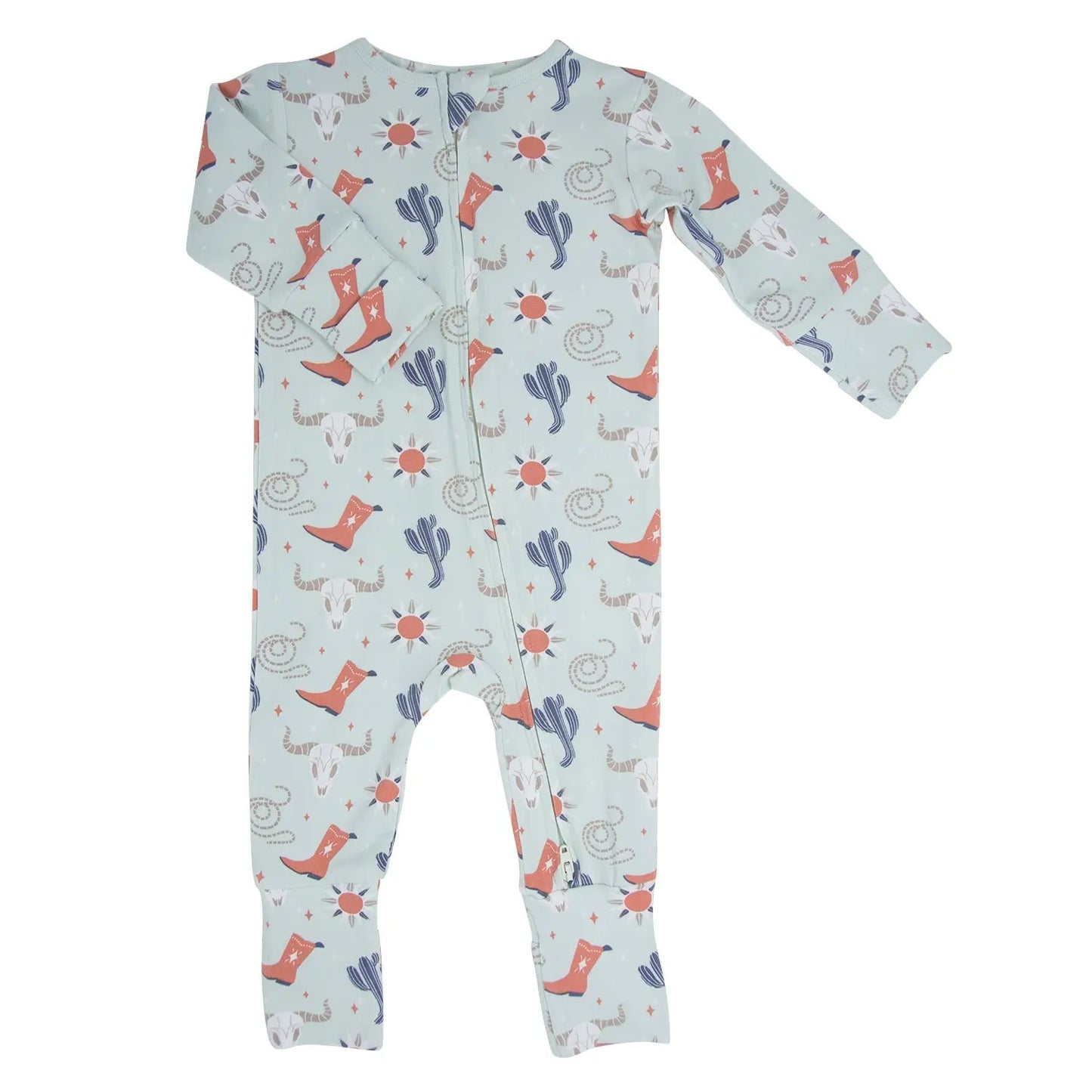 Bulls Boots Lasso Western Convertible Romper for Baby with Two Way Zip and Fold Over Legs Sweet Bamboo