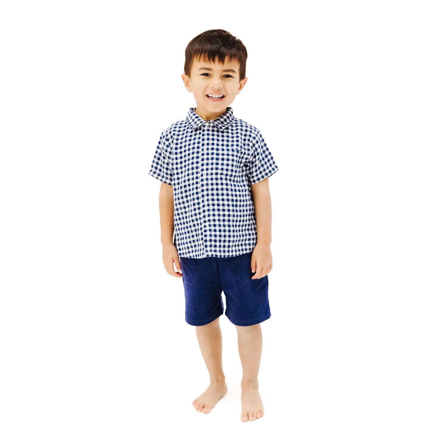 Button Down Muslin Polo and French Terry Short Set Navy Gingham Angel Dear