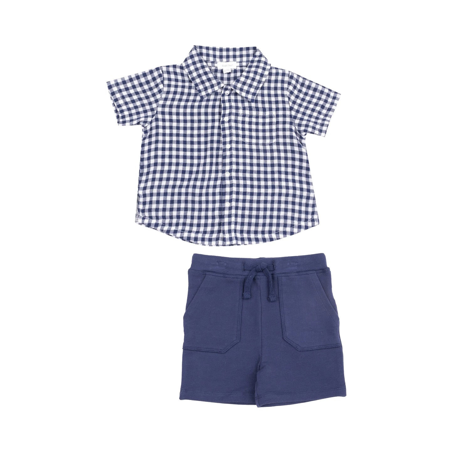 Button Down Muslin Polo and French Terry Short Set Navy Gingham Angel Dear