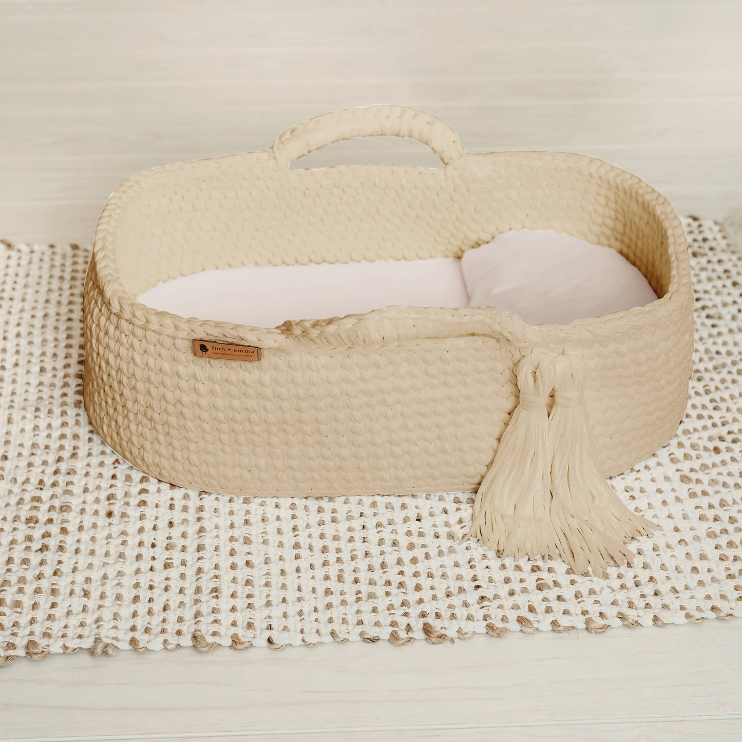 Carry Cot Wheat Modern Organic Cotton Crocheted Knit Baby Bassinet Finn + Emma