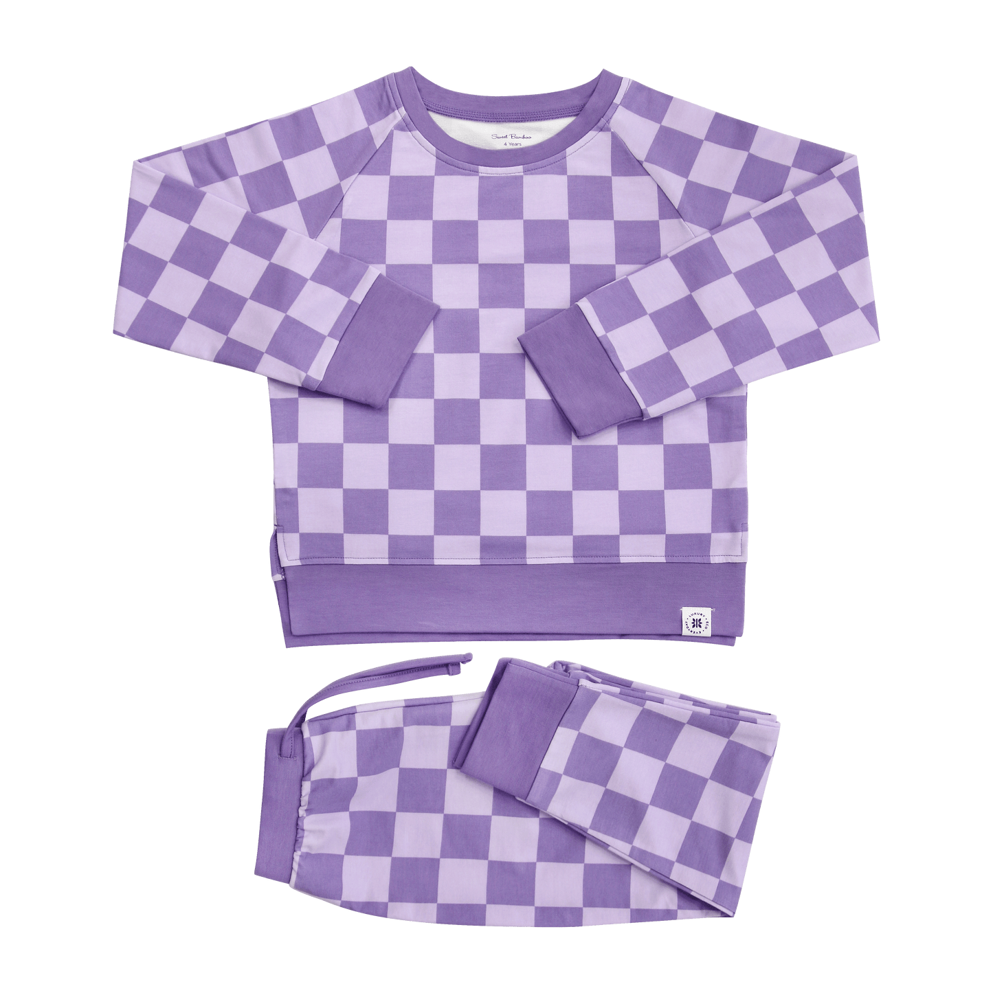 Sweet Bamboo Checker Purple Haze Kids Crew Neck Jogger Set With Pocket - Apparel & Accessories > Clothing > Baby & Toddler Clothing > Baby & Toddler Outfits Crew Neck Jogger Sets
