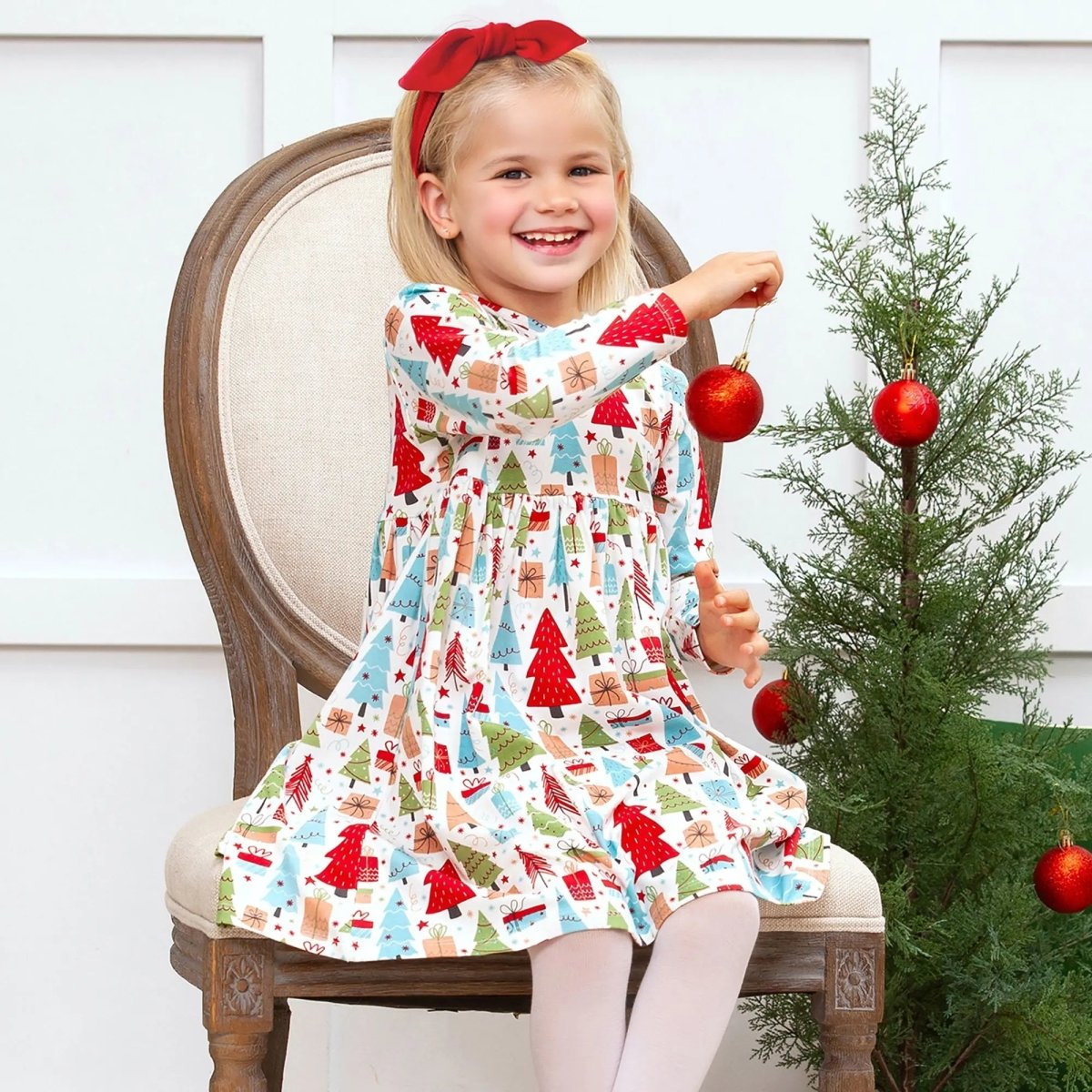 Tesa Babe Christmas Girl Bamboo Dress Sibling Matching Holiday Print - Everetts Place Boutique -