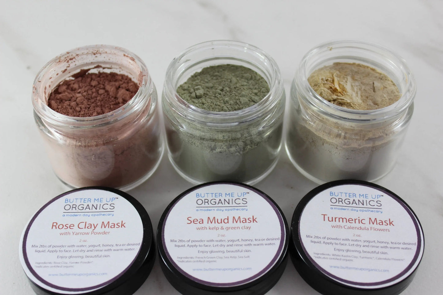 Clay Face Mask Trio Rose Clay French Green Clay Kaolin Clay Turmeric Kelp Calendula Butter Me Up Organics