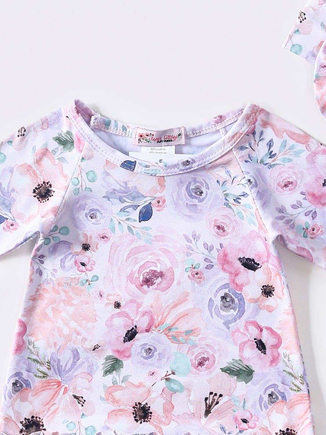 Clover Cottage Flower Canvas Baby Gown and Headband Set for Newborns to Three Months Clover Cottage
