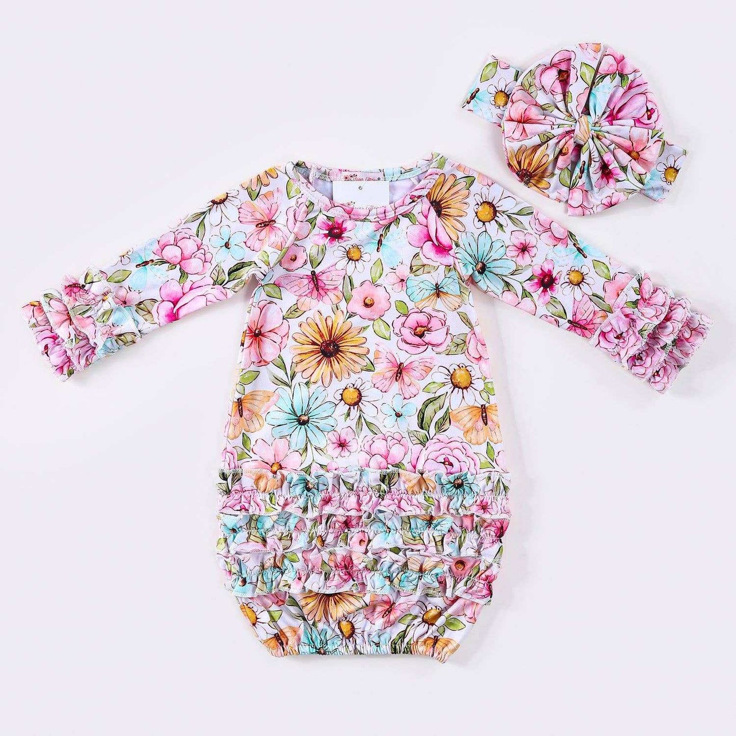 Clover Cottage Pink Butterfly Baby Gown With Headband Clover Cottage