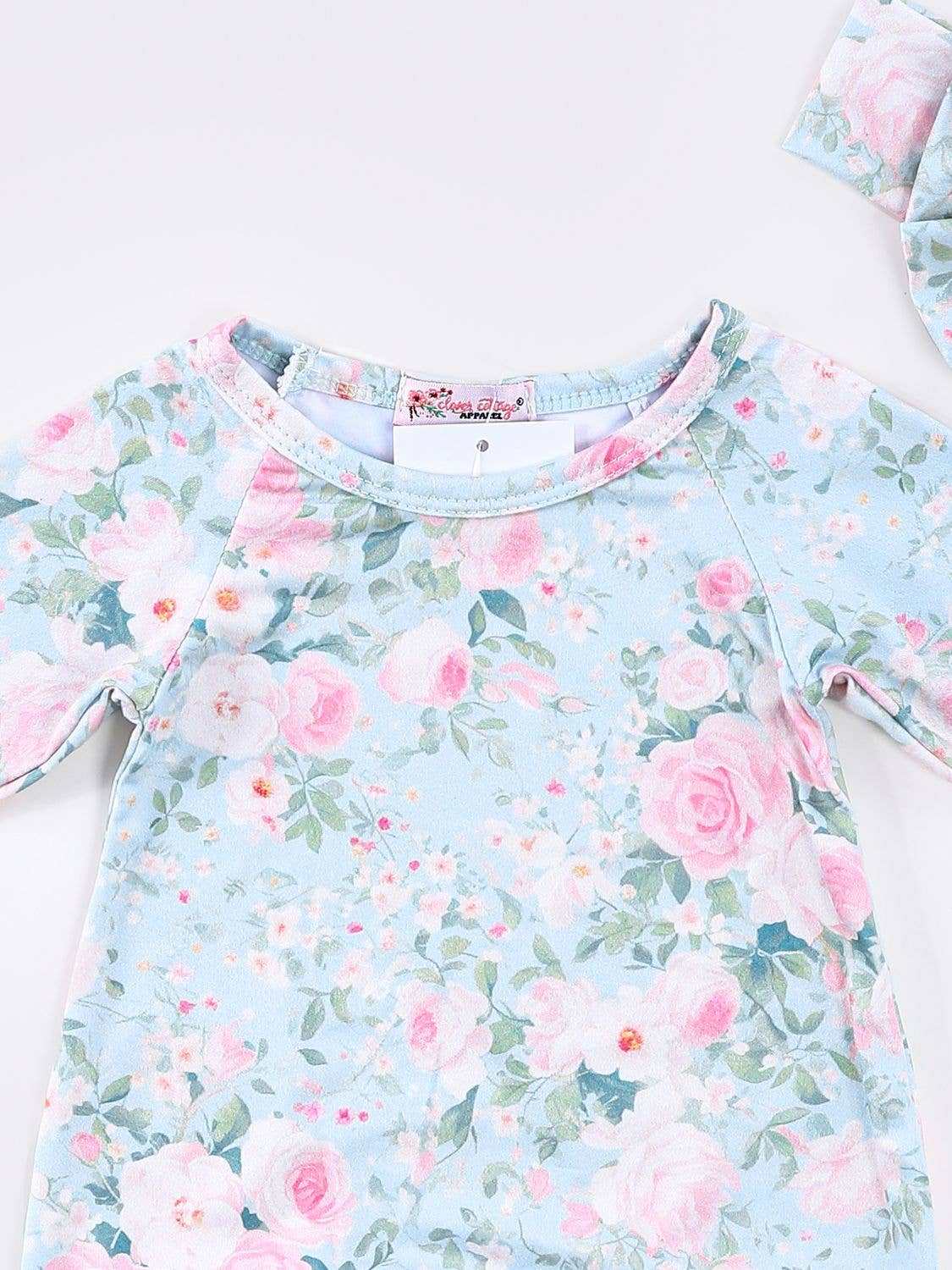 Clover Cottage Rosebud Mint Baby Gown and Headband Set for Newborns to 3 Months Clover Cottage