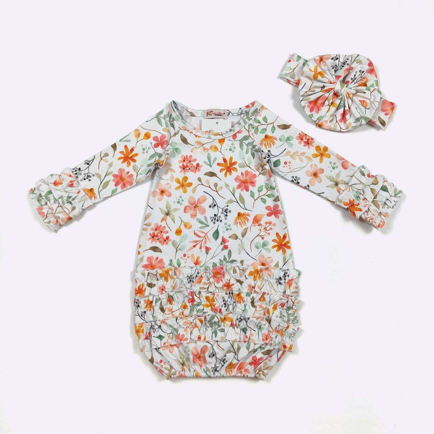 Clover Cottage Wild Flower Baby Gown for Infants with Matching Headband at Everetts Place Clover Cottage