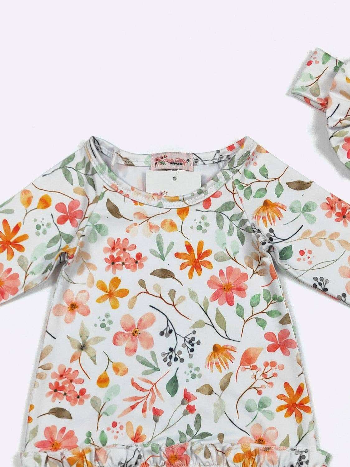 Clover Cottage Wild Flower Baby Gown for Infants with Matching Headband at Everetts Place Clover Cottage