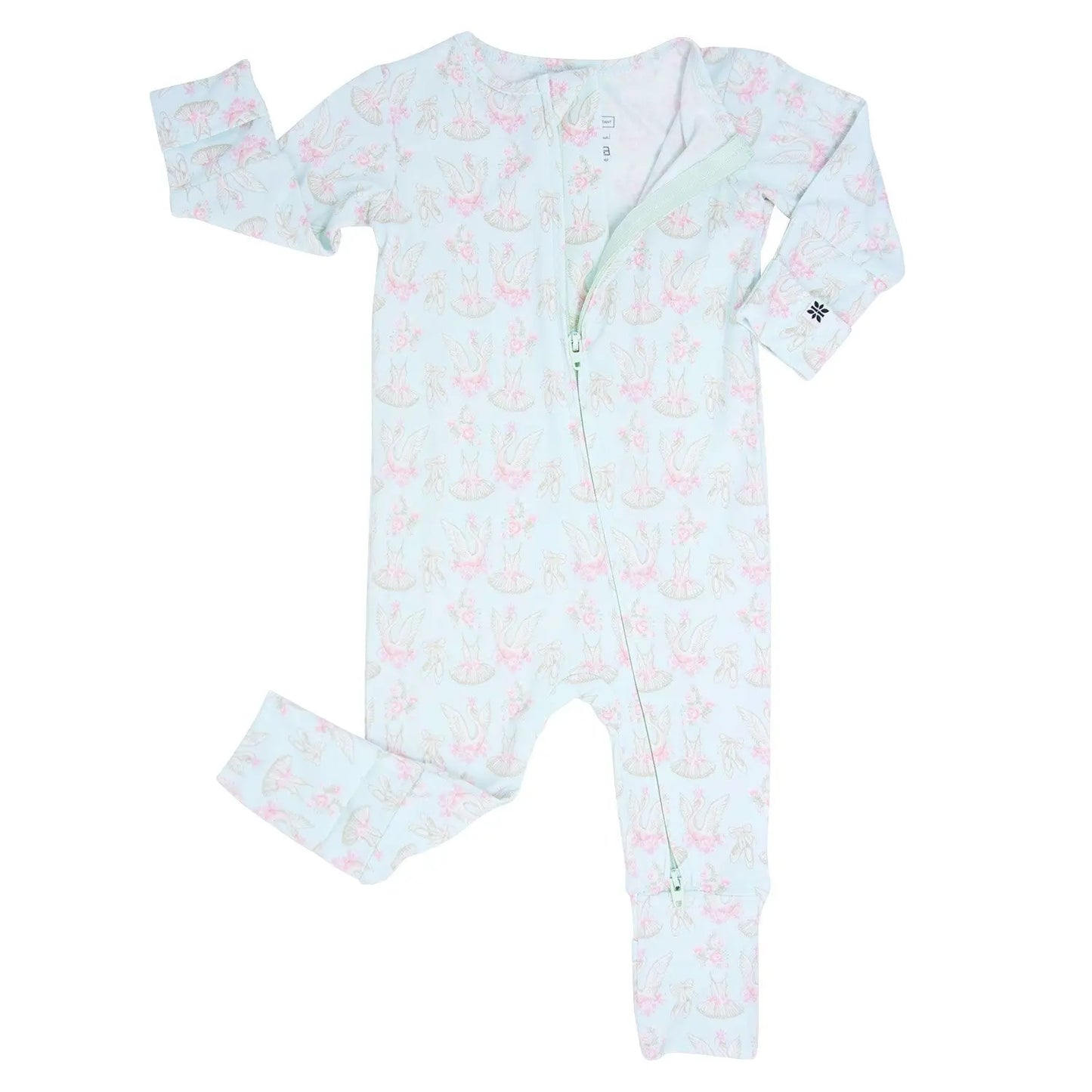 Swan Ballet Convertible Romper for Baby with Two Way Zip and Fold Over Legs Sweet Bamboo