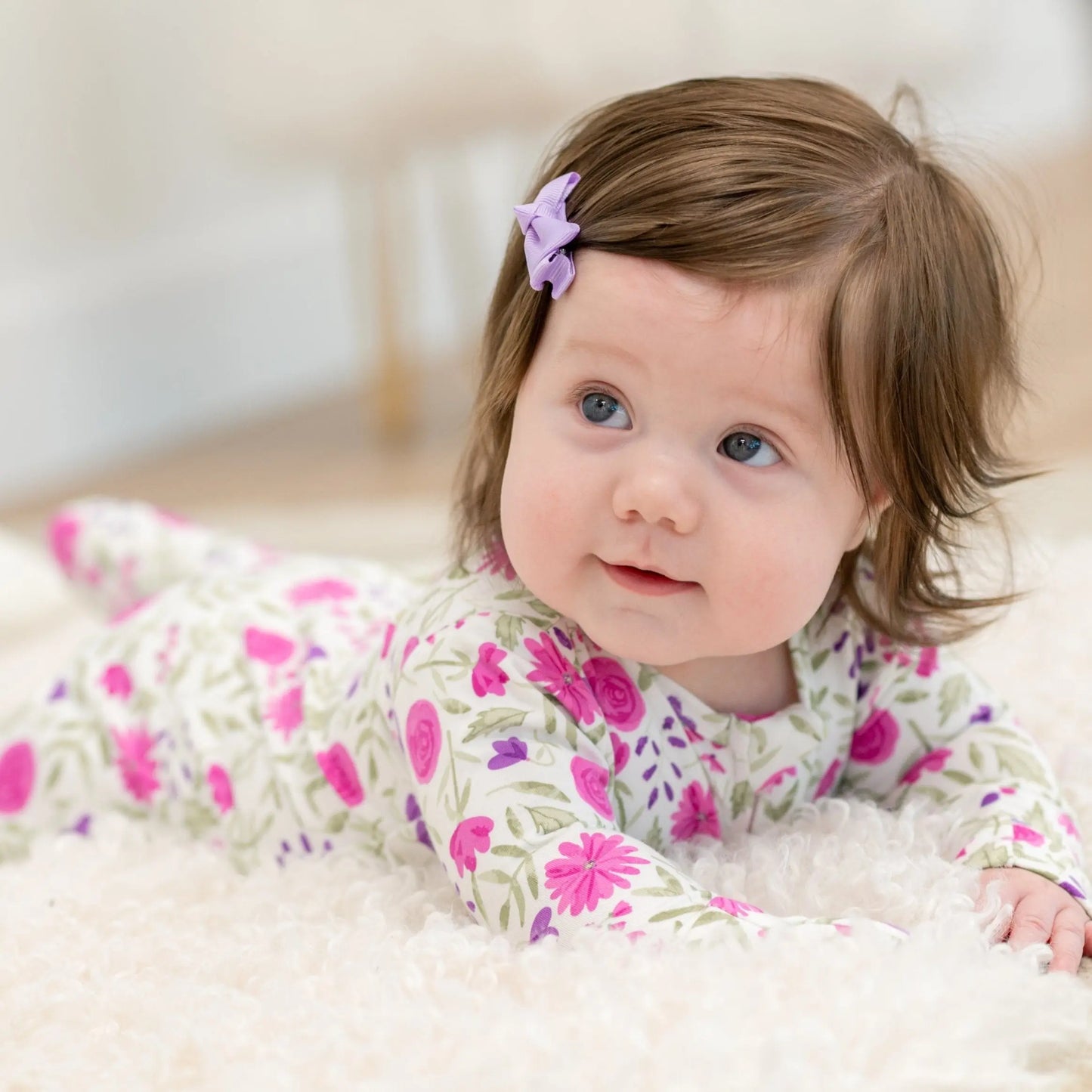Sweet Purple Flowers Convertible Baby Romper With Two Way Zip And Fold Over Legs Sweet Bamboo