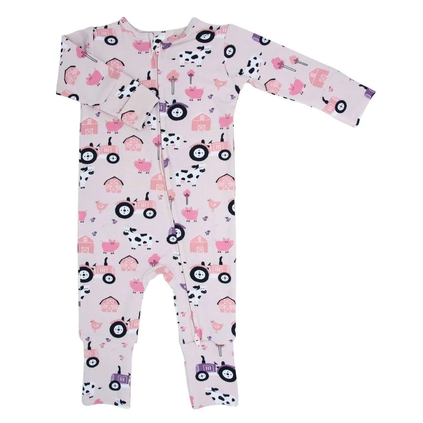 Tractors And Cows Convertible Romper For Babies With Two Way Zip Sweet Bamboo