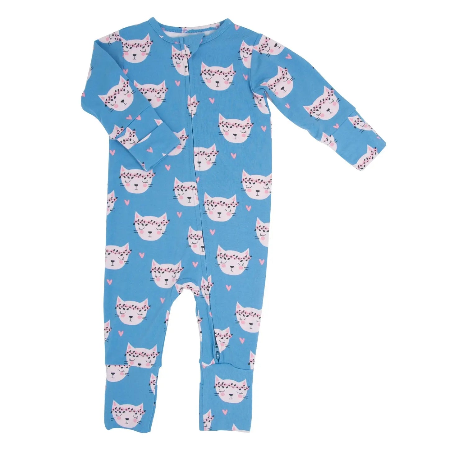 Pretty Pink Cat Convertible Romper for Babies with Two Way Zip and Fold Over Legs Sweet Bamboo