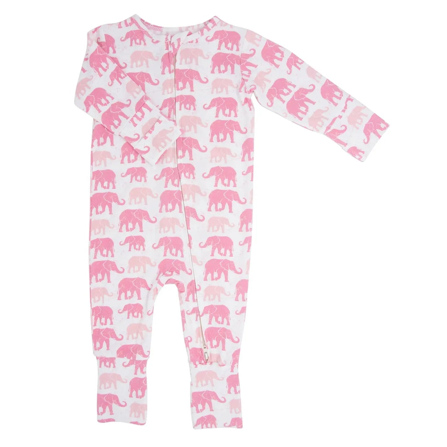 Pink Elephant Convertible Romper for Babies with Two Way Zip and Fold Over Legs Sweet Bamboo