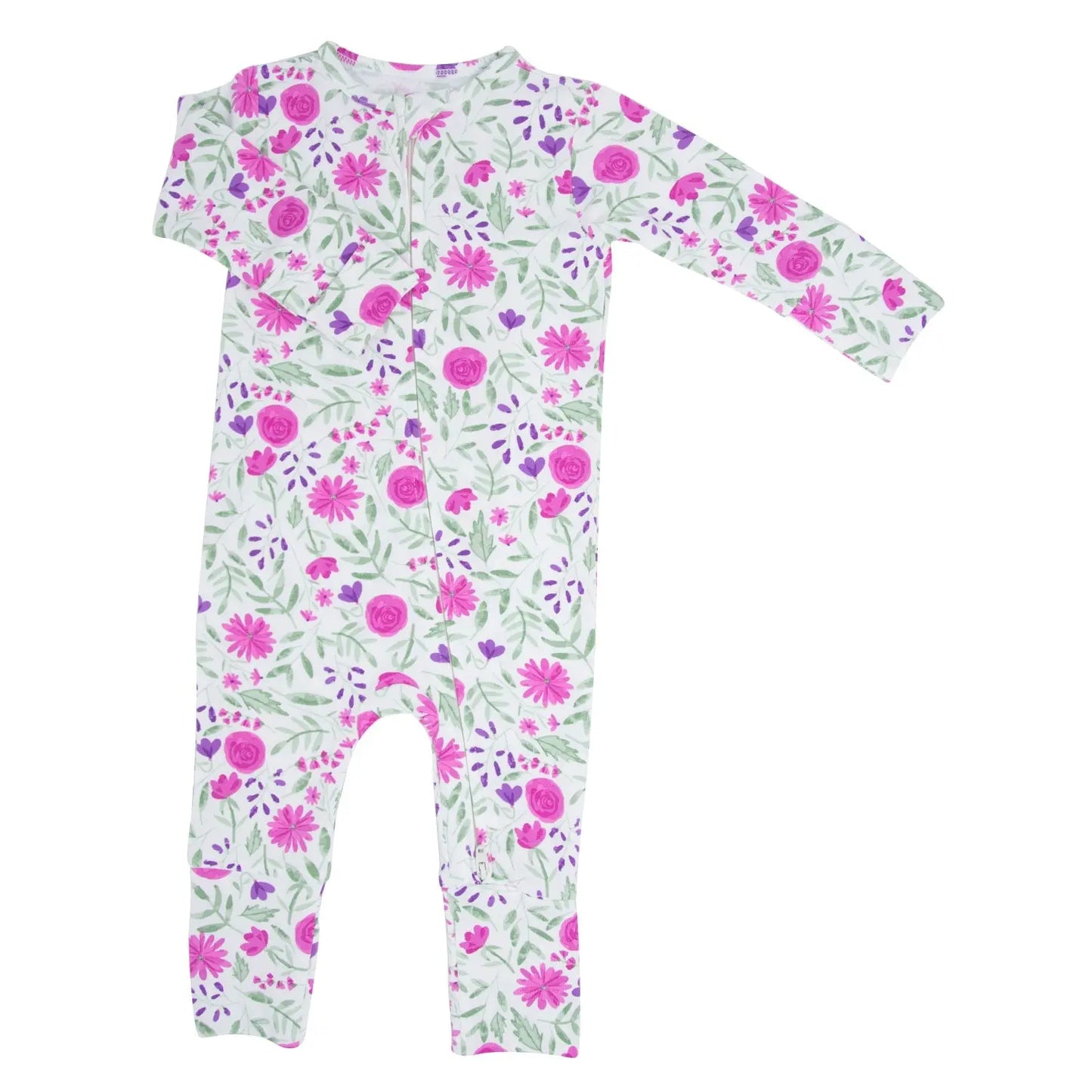 Sweet Purple Flowers Convertible Baby Romper With Two Way Zip And Fold Over Legs Sweet Bamboo