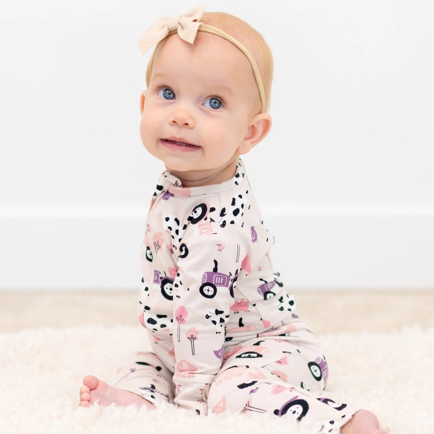 Tractors And Cows Convertible Romper For Babies With Two Way Zip Sweet Bamboo
