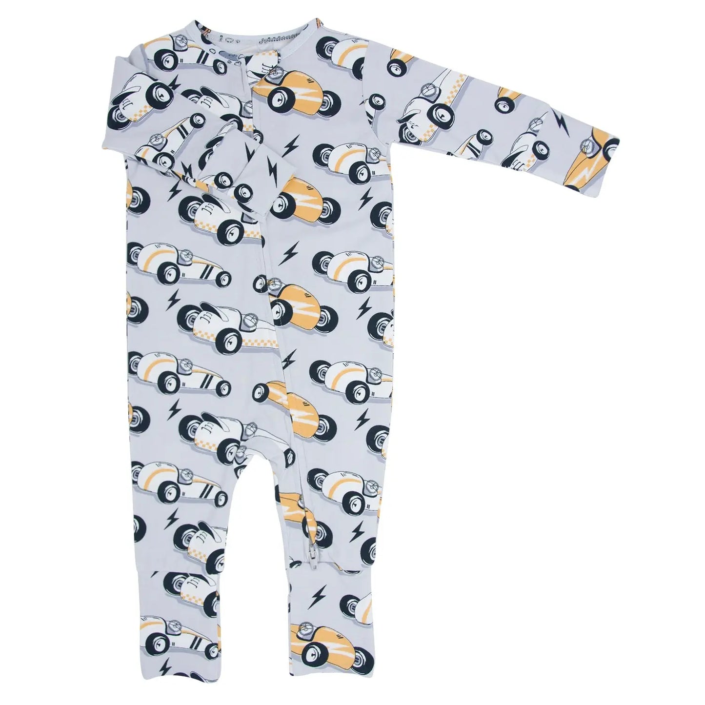 Vintage Racecars Convertible Baby Romper With Two Way Zip Sweet Bamboo