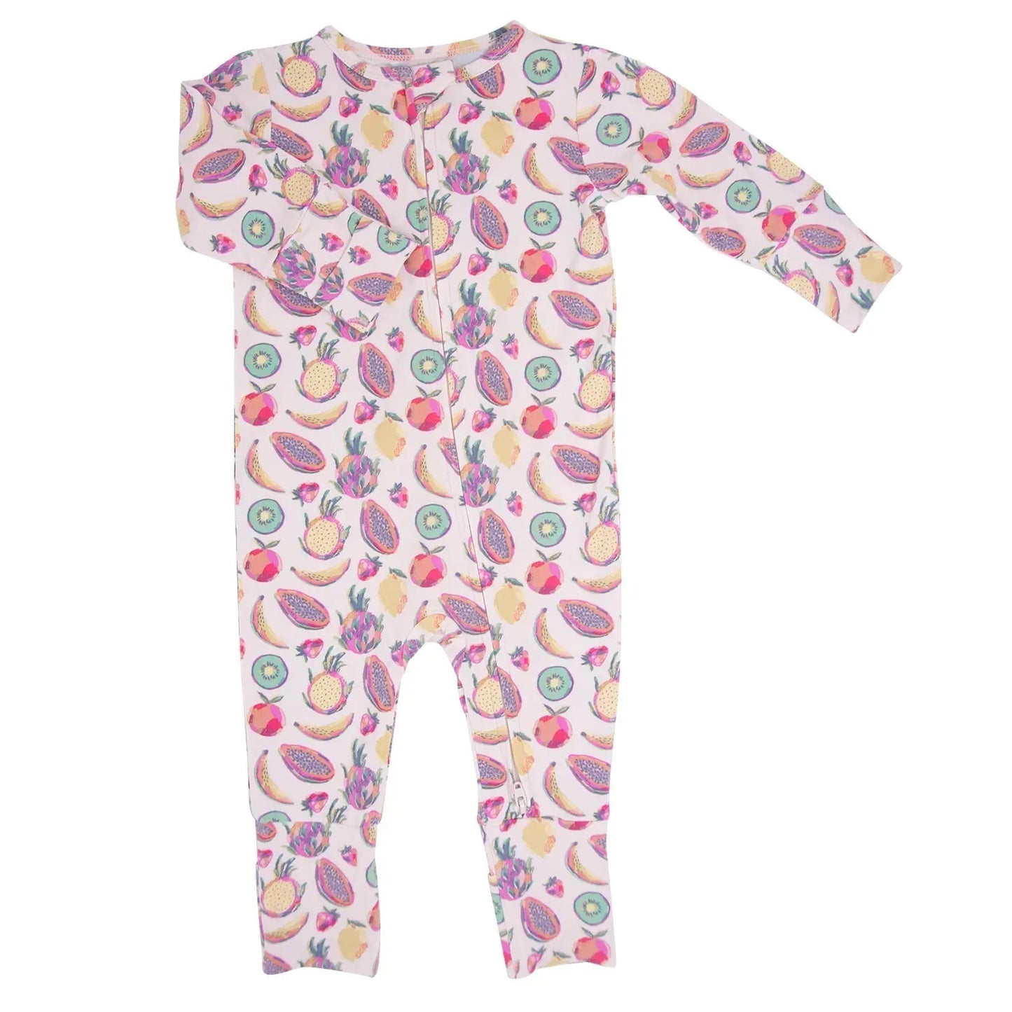Tropical Fruit Convertible Romper for Baby with Two Way Zip and Fold Over Legs Sweet Bamboo