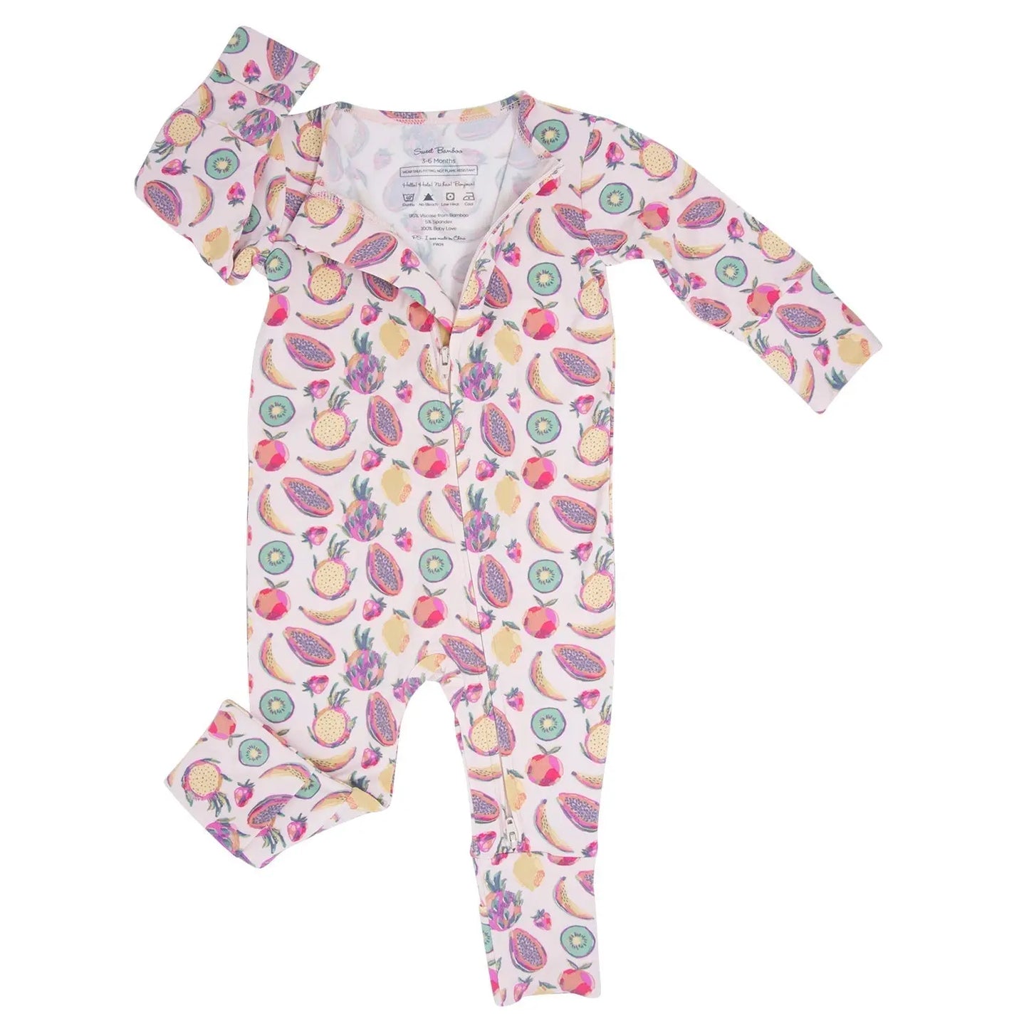 Tropical Fruit Convertible Romper for Baby with Two Way Zip and Fold Over Legs Sweet Bamboo