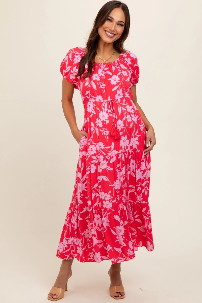 Coral Floral Off Shoulder Puff Sleeve Maternity Midi Dress.