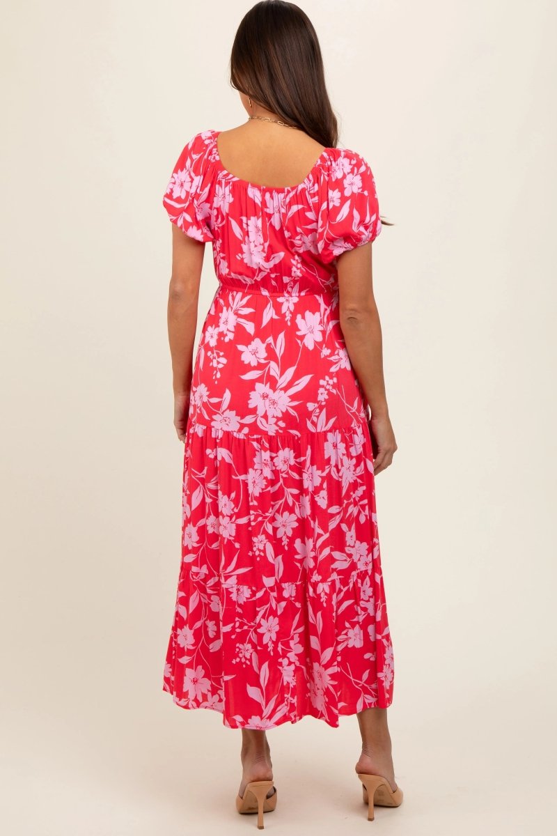 Coral Floral Off Shoulder Puff Sleeve Maternity Midi Dress.
