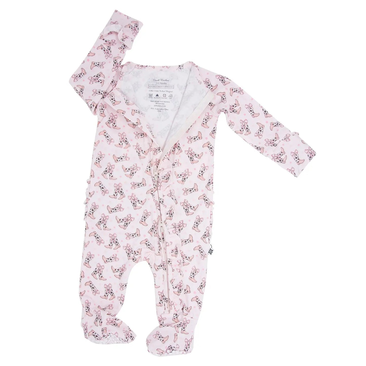 Cowhide Boots Bows Ruffle Footie for Baby with Hypoallergenic Fabric and No Slip Grips Sweet Bamboo