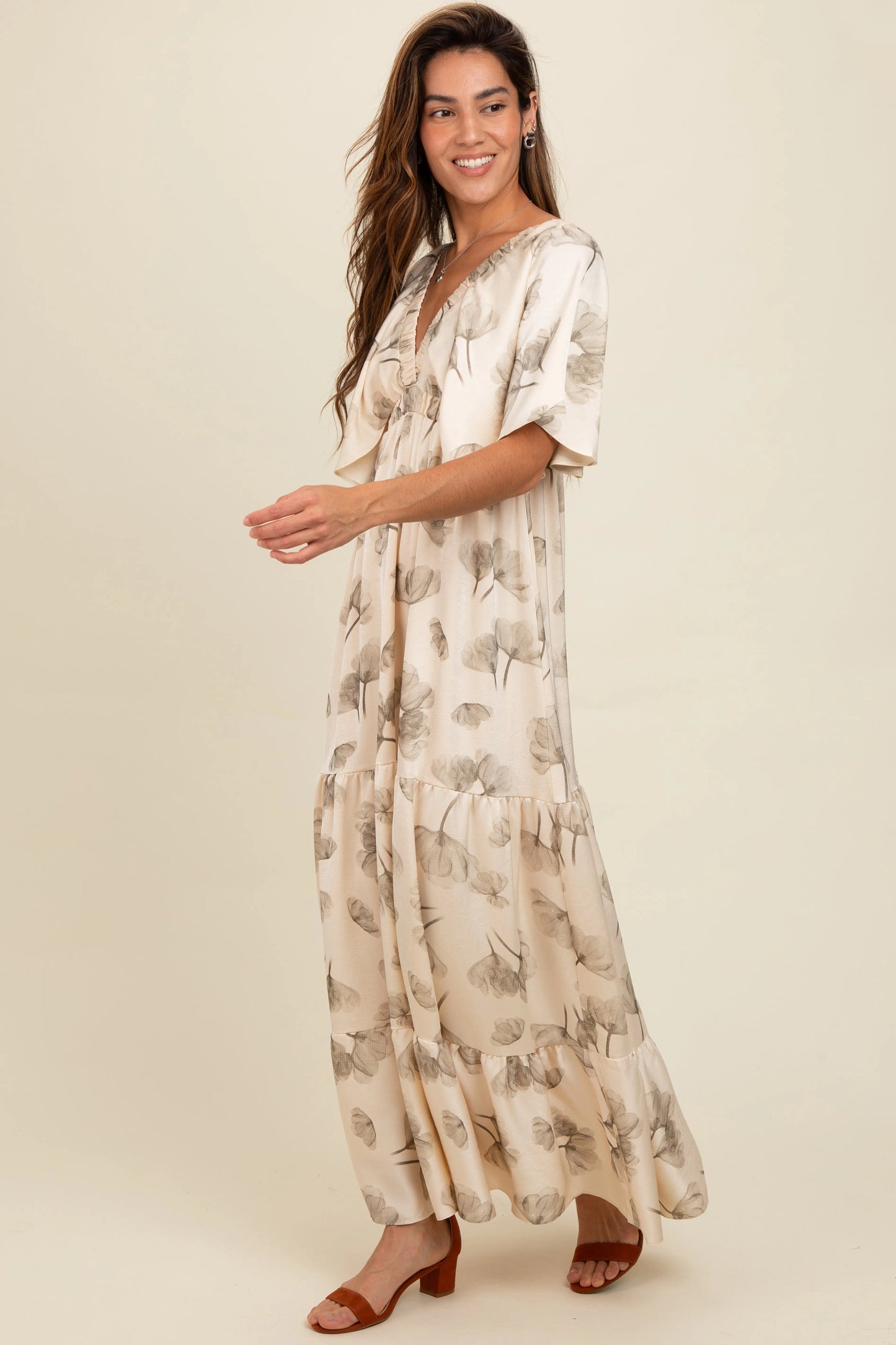 Cream Floral Deep V Neck Maxi Dress Elegant Timeless Silhouette PinkBlush