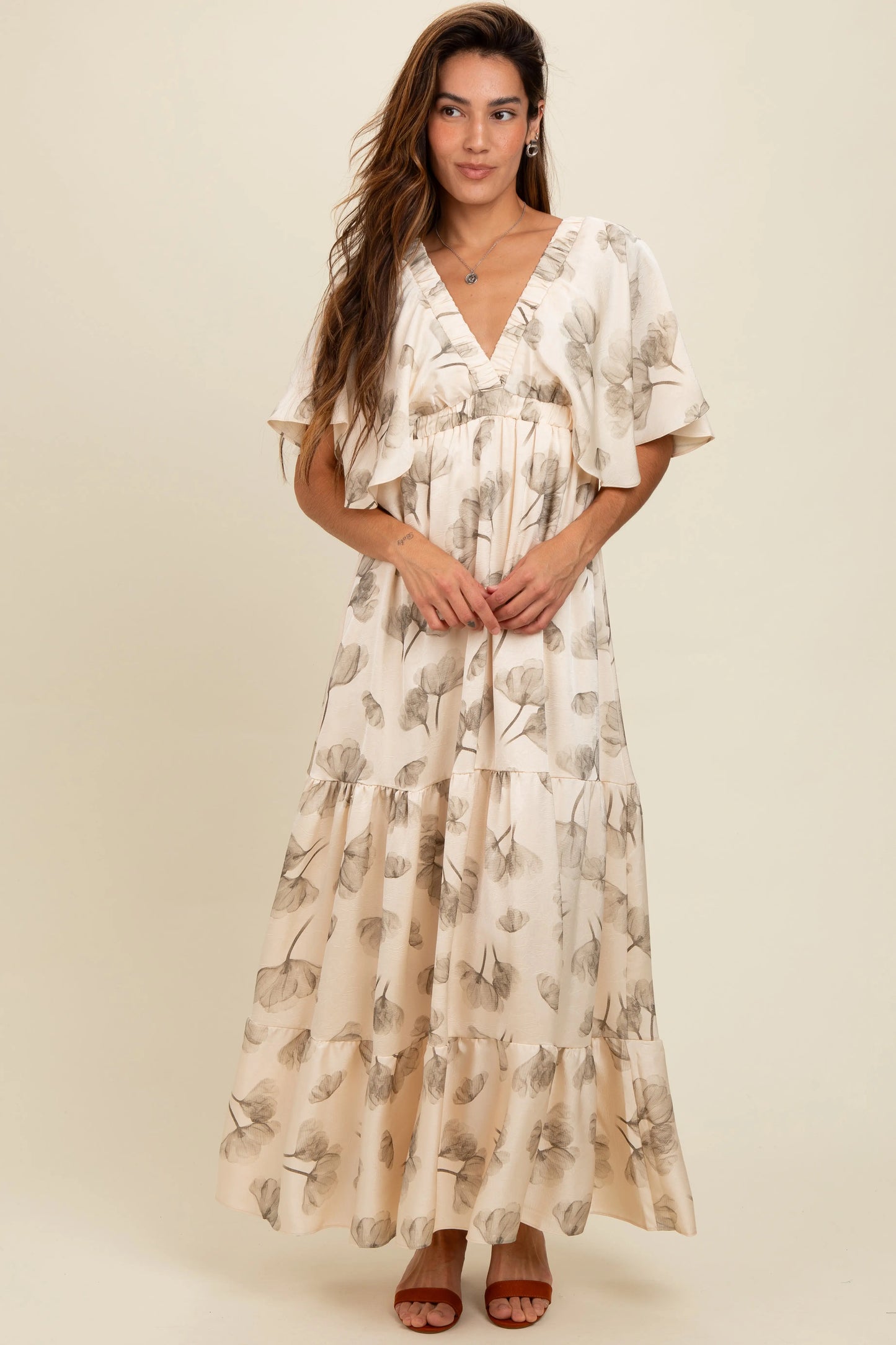 Cream Floral Deep V Neck Maxi Dress Elegant Timeless Silhouette PinkBlush