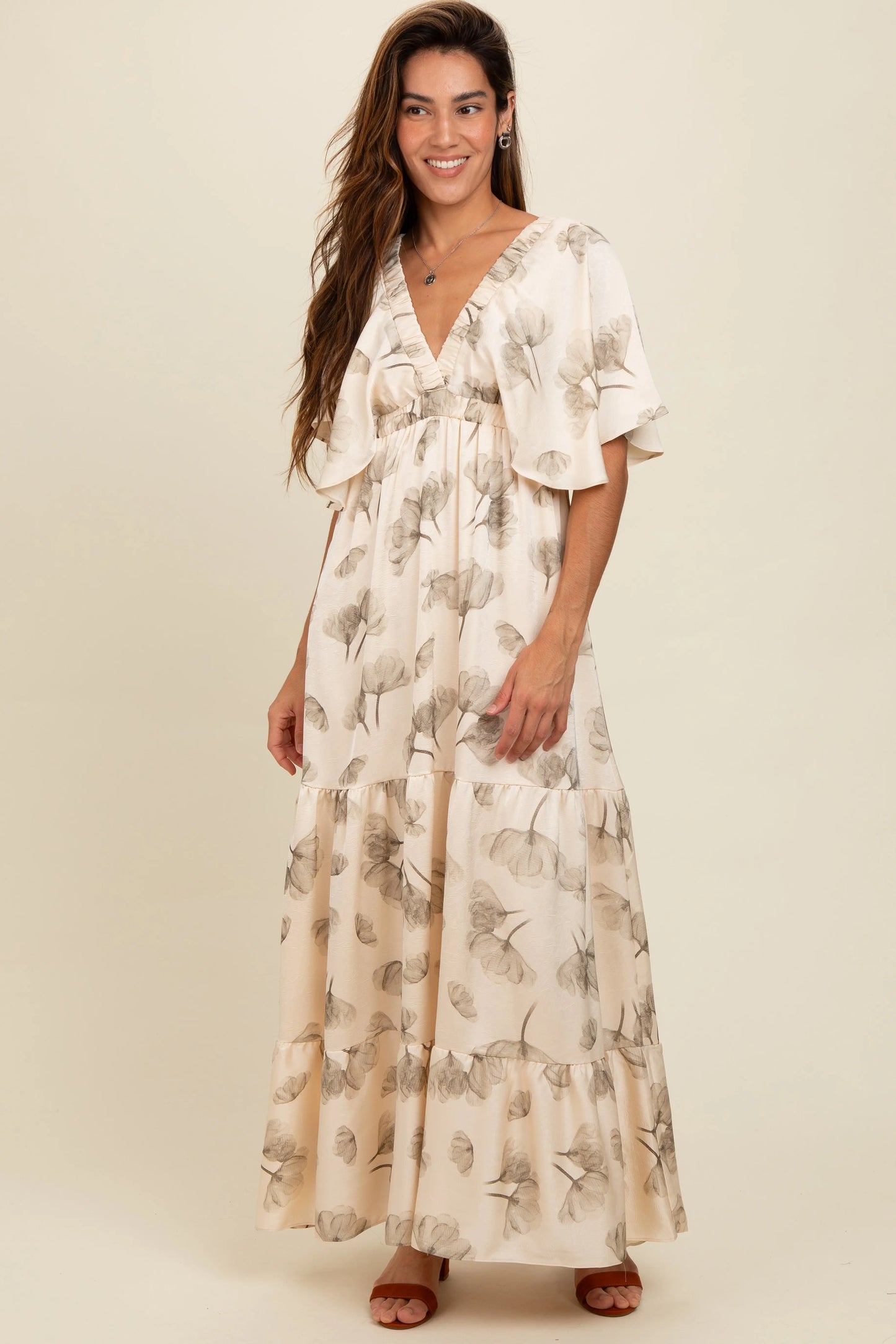 Cream Floral Deep V Neck Maxi Dress Elegant Timeless Silhouette PinkBlush