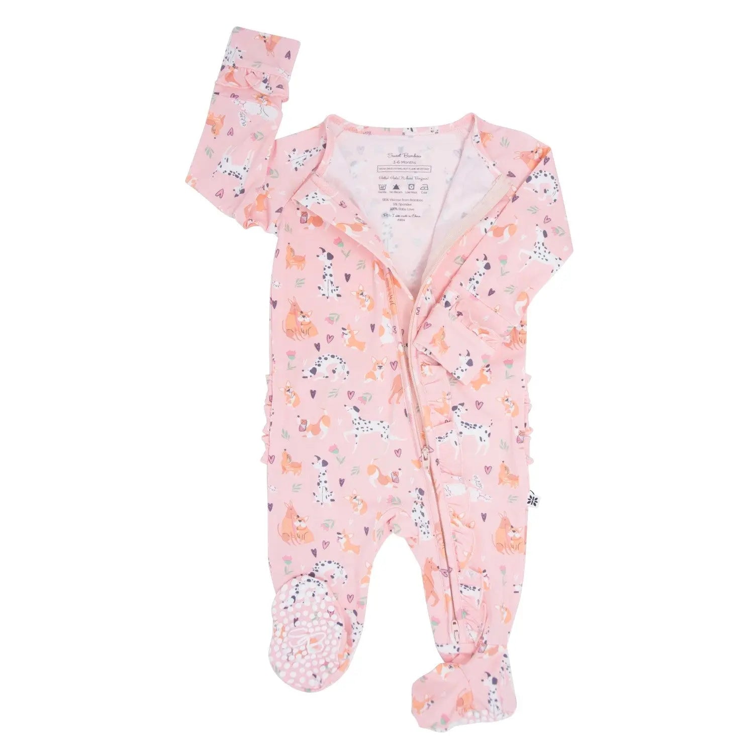 Sweet Bamboo Dalmatian Poodle Puppy Ruffle Footie with Two Way Zipper for Babies - Apparel & Accessories > Clothing > Baby & Toddler Clothing > Baby & Toddler Sleepwear Ruffle Footies