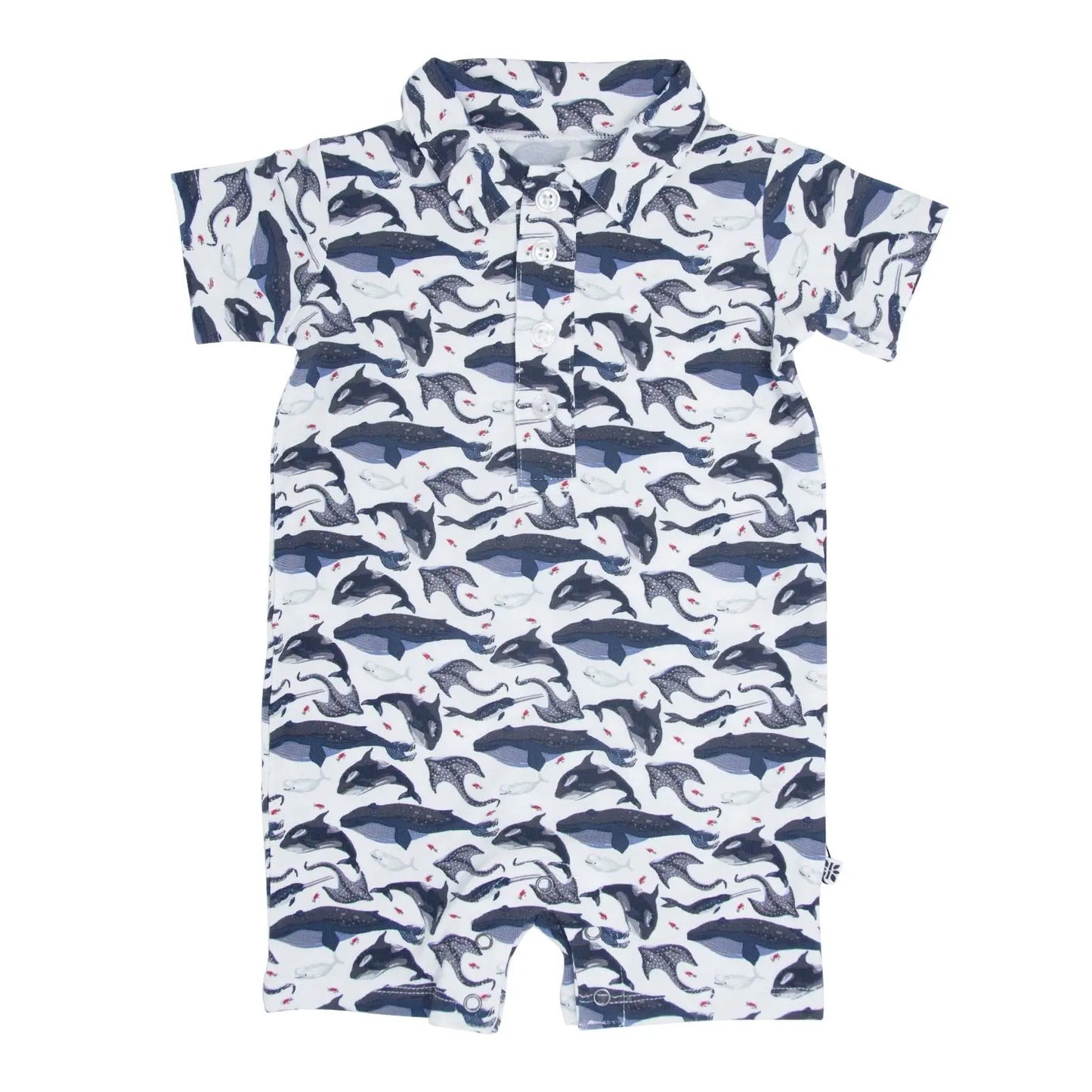 Deep Sea Creatures Whale Polo Romper for Boys Short Sleeves Snap Closure Sweet Bamboo