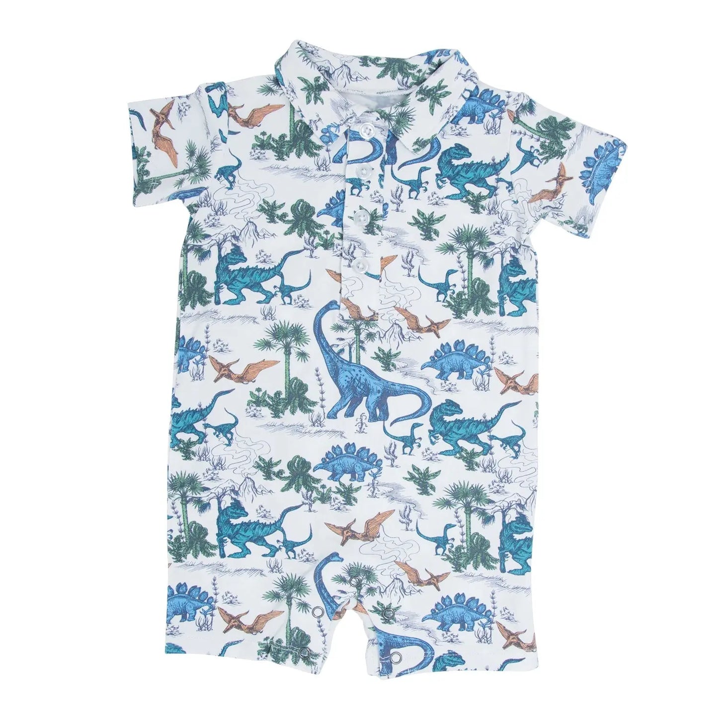 Dinosaur Adventures Polo Romper for Boys Short Sleeve Comfortable Activewear Sweet Bamboo