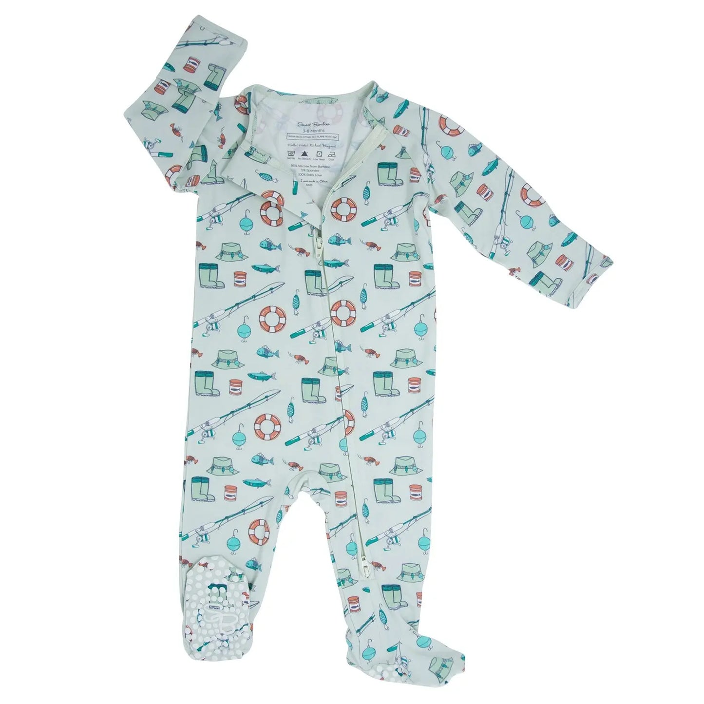 Fishing Poles Baby Zippered Footie with Two Way Zipper and Silicone Grips Sweet Bamboo