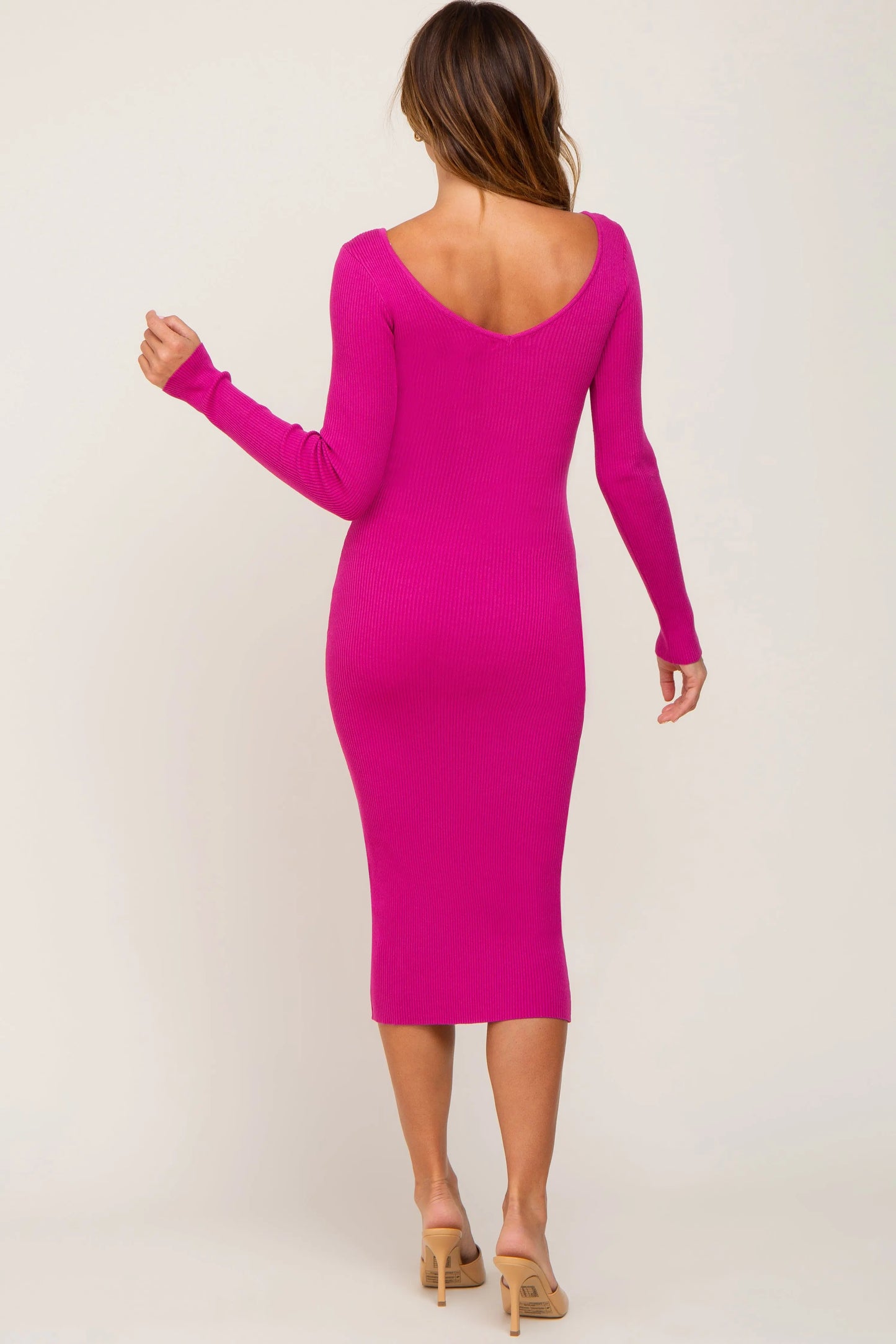 Fuchsia Knit Ribbed Midi Dress with Long Sleeves and Wide V Neckline PinkBlush