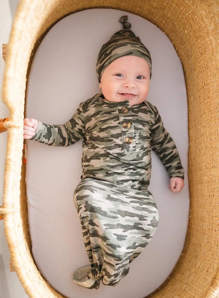 Going Home Outfit Knotted Bamboo Baby Gown Camo for Comfort.
