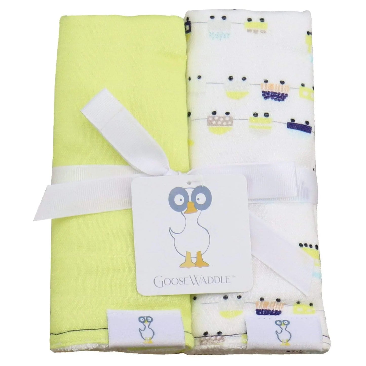 Trains And Lime 2 Pack Muslin And Terry Cloth Burp Cloths For Babies Goosewaddle® | Newborn Baby Blankets Toys Teethers Bibs & More