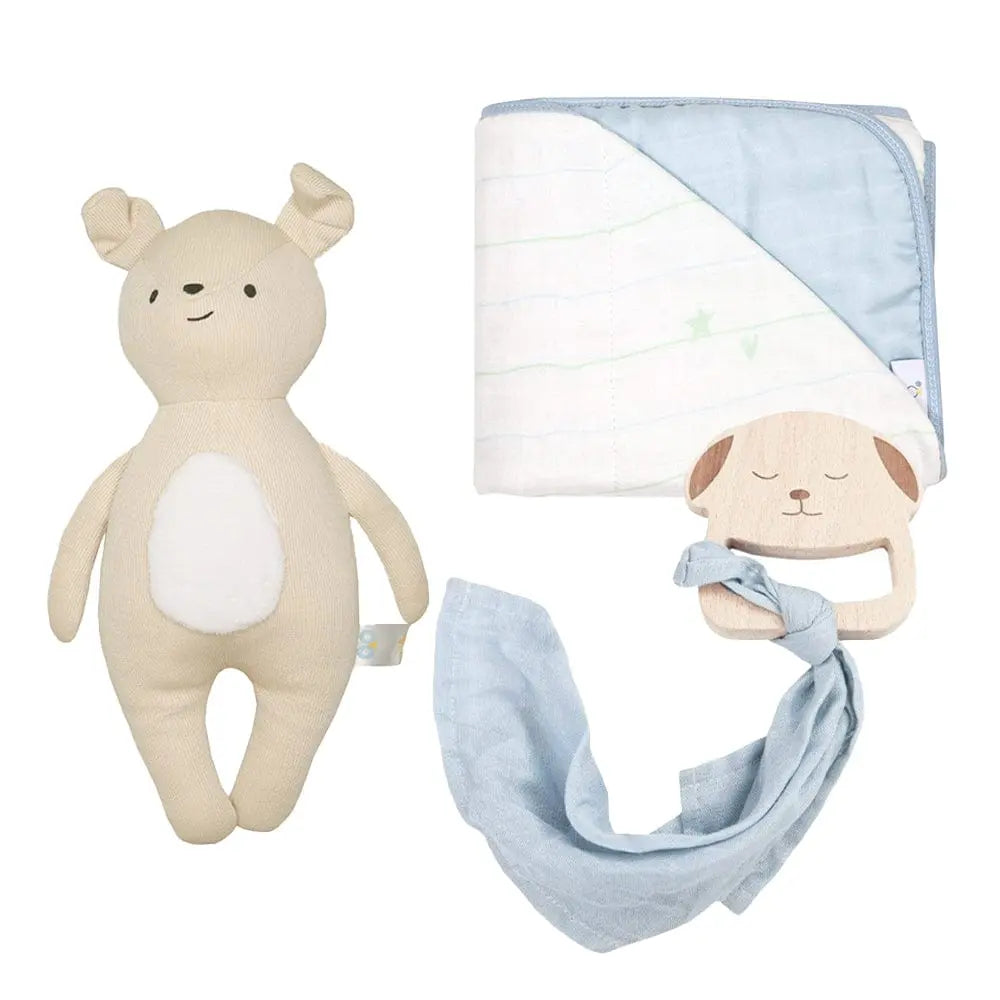Blue Puppy Gift Set with Quilted Blanket Plush Puppy and Wooden Teether Goosewaddle® | Newborn Baby Blankets Toys Teethers Bibs & More