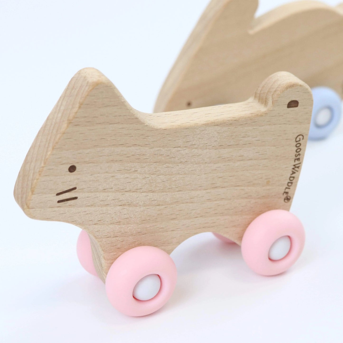 Pink Kitten Teether - Silicone and Wood Teether with Wheels Goosewaddle® | Newborn Baby Blankets Toys Teethers Bibs & More
