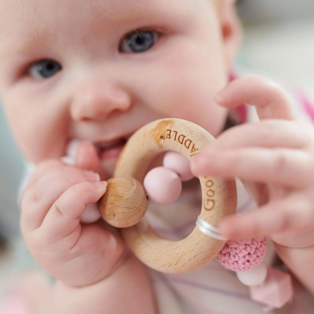 Wooden and Silicone Teether - Pink Goosewaddle® | Newborn Baby Blankets Toys Teethers Bibs & More
