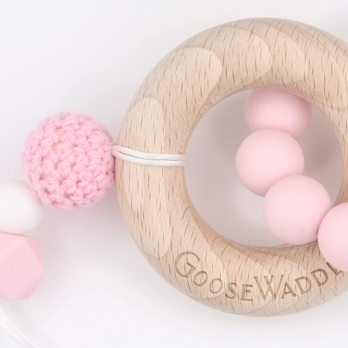 Wooden and Silicone Teether - Pink Goosewaddle® | Newborn Baby Blankets Toys Teethers Bibs & More