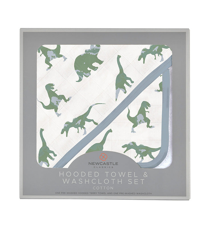 Granite Green Dinosaurs Cotton Hooded Towel and Washcloth Set for Kids Newcastle Classics