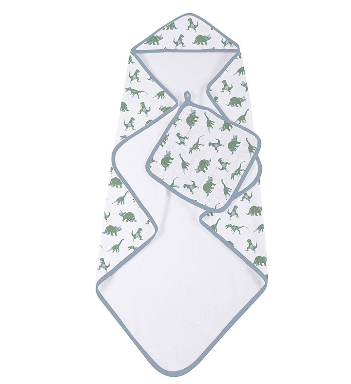 Granite Green Dinosaurs Cotton Hooded Towel and Washcloth Set for Kids Newcastle Classics