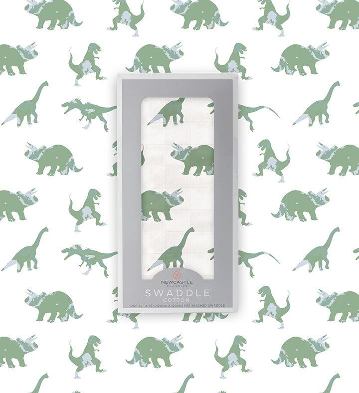 Granite Green Dinosaurs Cotton Swaddle Blanket for Baby Soft Breathable Muslin Newcastle Classics