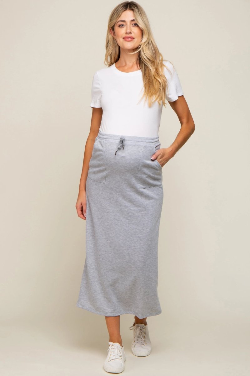 Grey Fleece Drawstring Maternity Maxi Skirt.