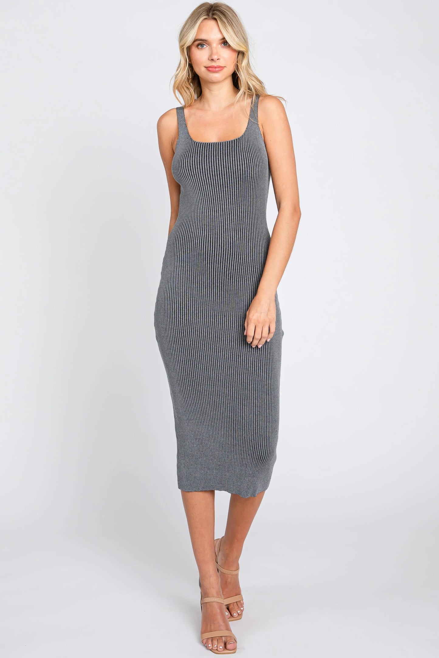 Grey Rib Knit Lace Up Back Maternity Midi Dress by PinkBlush PinkBlush