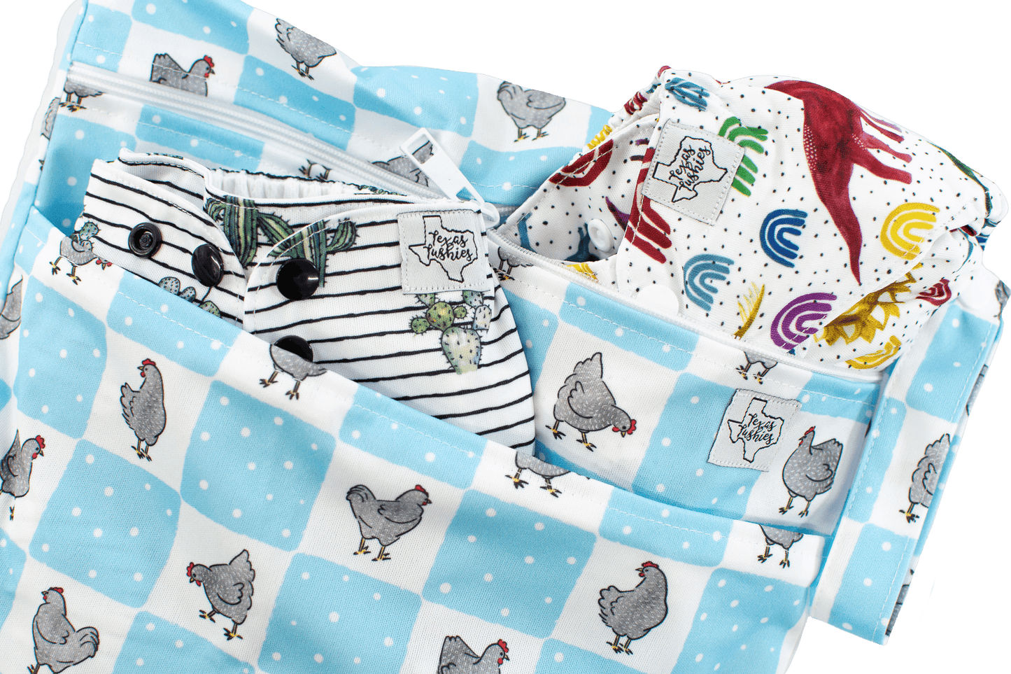 Guess What Wet Bag Double Zipper Water Resistant 12 by 16 Inches Durable KAM Snaps Fits 6 to 8 Cloth Diapers Texas Tushies