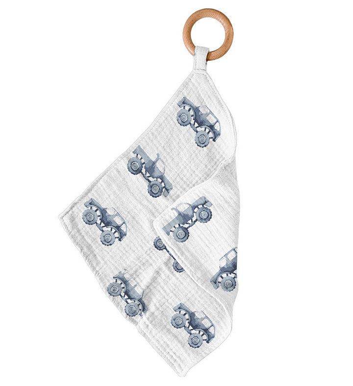 Indigo Monster Trucks Cotton Newcastle Teether with Removable Beach Wood Ring Newcastle Classics