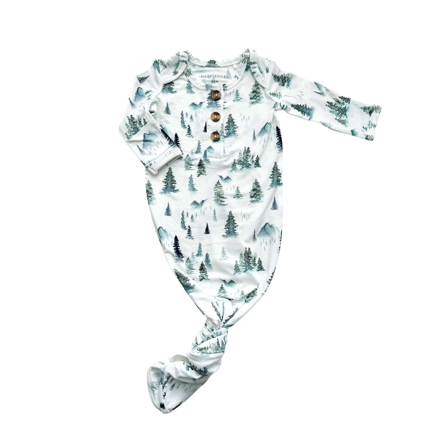 Knotted Baby Gown Green Forest Bamboo Gender Neutral Breathable Fabric Harp Angel Boutique