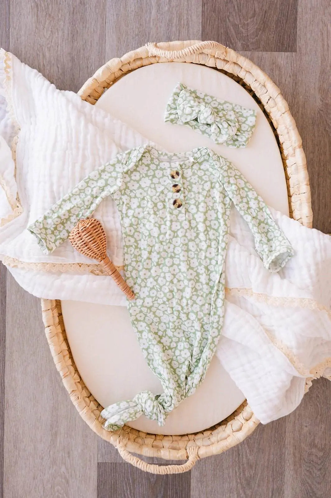 Knotted Baby Gown Sage Ditsy Floral Bamboo Viscose Harp Angel Boutique